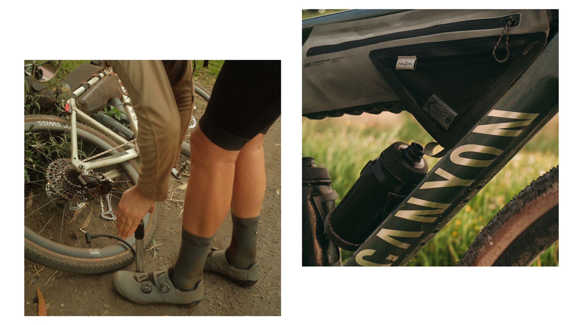 Close-up of a cyclist inflating a tire and storing gear in a Canyon frame bag, highlighting proper clothing, shoes, and storage setup for long-distance cycling.